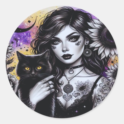 Celestial Gothic Witch en Zwarte Kat Ronde Sticker (Voorkant)