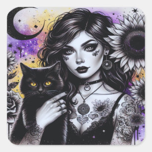 Celestial Gothic Witch en Zwarte Kat Vierkante Sticker