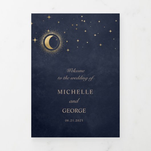 Celestial Gouden Maan Gevouwen Huwelijksprogramma Drieluik Uitnodiging (Cover)