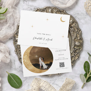 Celestial Gouden Maan Sterren Foto QR Code Bruilof Save The Date