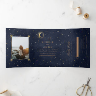 Celestial Gouden Maan Tri Fold Bruiloft Uitnodigin Drieluik Uitnodiging