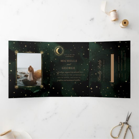 Celestial Gouden Maan Tri Fold Bruiloft Uitnodigin Drieluik Uitnodiging (Binnen)