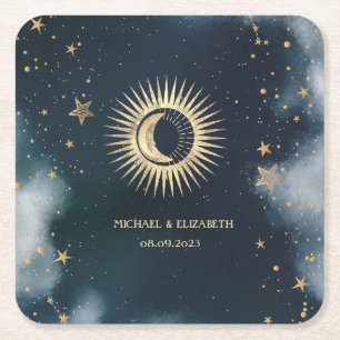 Celestial gouden zon, maan, sterren nacht hemel vierkante kartonnen onderzetter