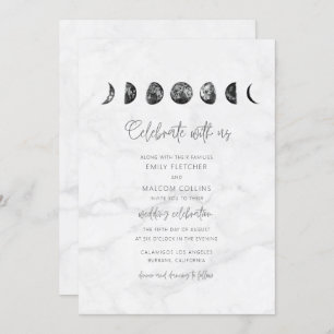 Celestial Gray Marble Moon Phases Wedding Kaart