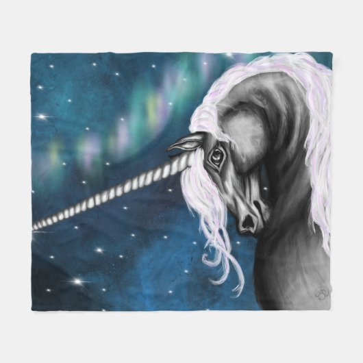Celestial Guardian: Grijze Eenhoorn met Aurora Dan Fleece Deken (Voorkant (Horizontaal))