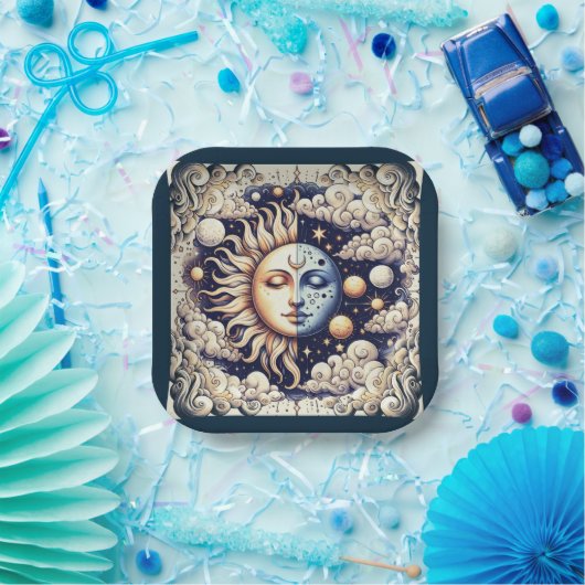 Celestial Half Sun & Moon Blue Yellow Papieren Bordje (Feest)