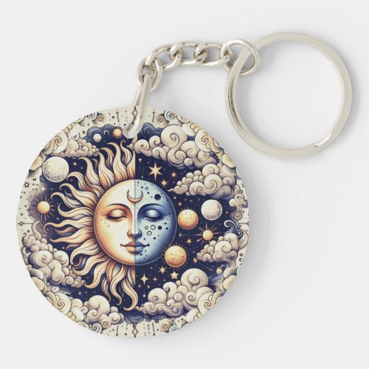 Celestial Half Sun & Moon Blue Yellow Sleutelhanger (Achterkant)