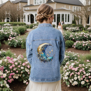 Celestial halve maan blauw goud wiccan chic denim jacket