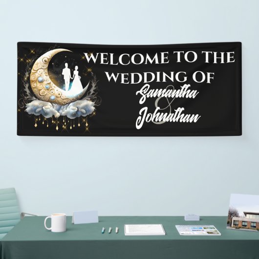 Celestial halve maan bruid bruidegom silhouet spandoek (Beurs)