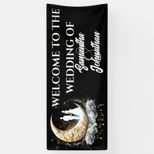 Celestial halve maan bruid bruidegom silhouet spandoek (Verticaal)