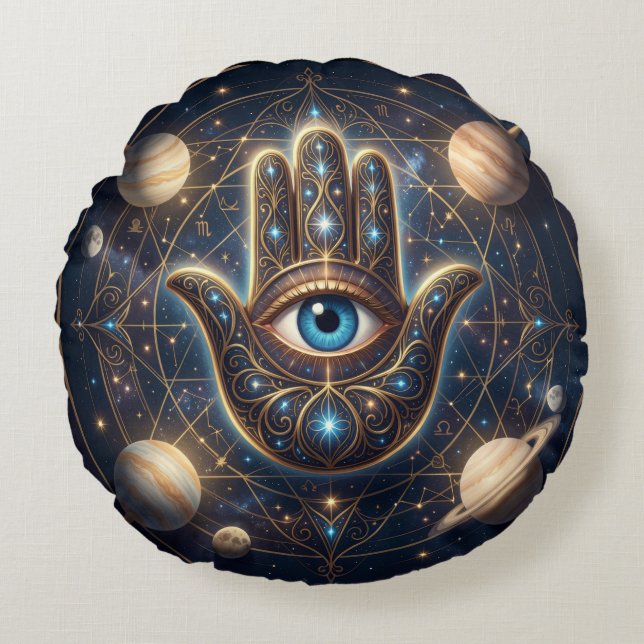 Celestial Hamsa Hand & Evil Eye Cosmic Protection  Rond Kussen (Voorkant)
