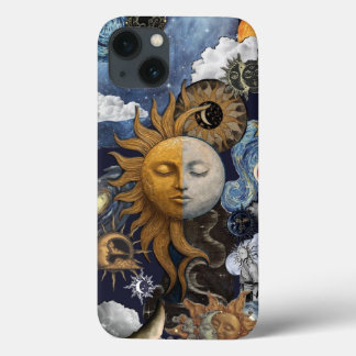 Celestial Harmony: Sun and Moon Vintage Collage iPhone 13 Hoesje