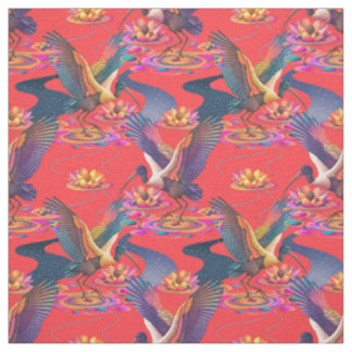 Celestial Ibis en Lily Pond op Coral Red Stof