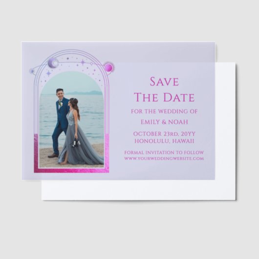 Celestial Lavender Pink Photo Sla de datum op Vellum Uitnodigingen (Offset)