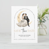 Celestial Love: Elegante Waxing Moon Save the Date Kaart (Staand voorkant)