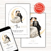 Celestial Love: Elegante Waxing Moon Save the Date Kaart