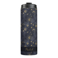 Celestial Maan Sterren Blauw en Goud Monogram Naam