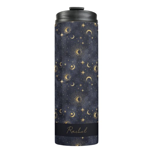 Celestial Maan Sterren Blauw en Goud Monogram Naam Thermosbeker (Voorkant)