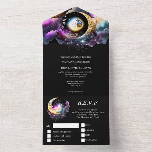 Celestial maan sterrenstelsel nacht halve sterren all in one uitnodiging (Binnen)