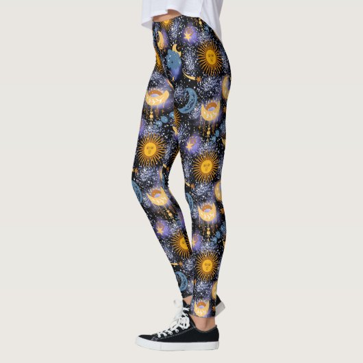 Celestial Magical Pattern Moon Stars Sun Black Leggings (Links)
