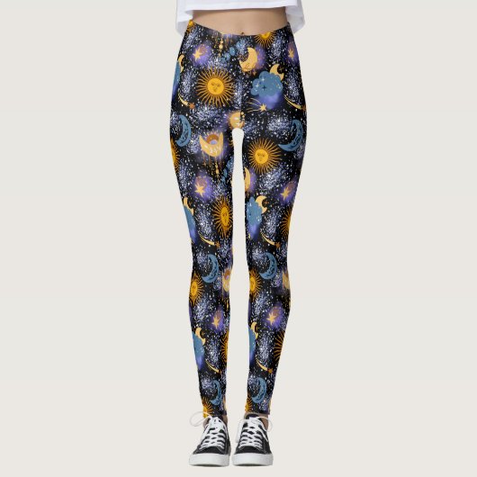 Celestial Magical Pattern Moon Stars Sun Black Leggings (Voorkant)