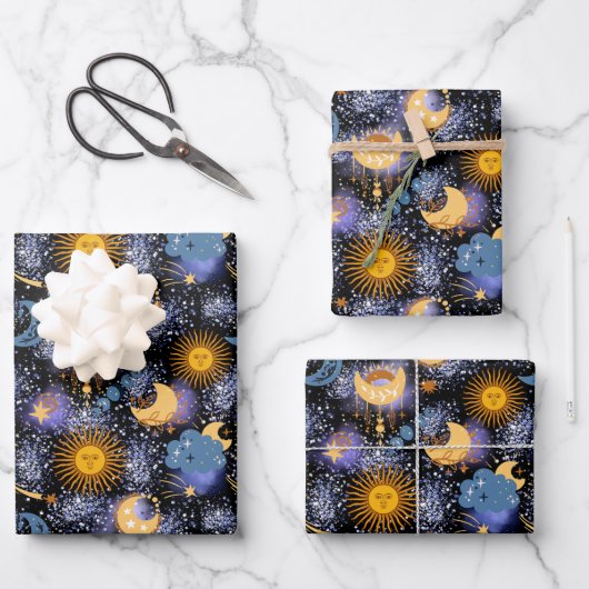 Celestial Magical Pattern Moon Stars Sun Black Sky Inpakpapier Vel (Voorkant)