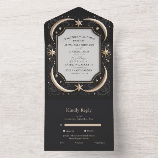 Celestial Midnight Black Stars Maan Bruiloft All In One Uitnodiging (Binnen)