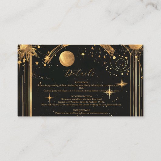 Celestial Midnight Black Stars Maan Bruiloft Informatiekaartje (Voorkant)
