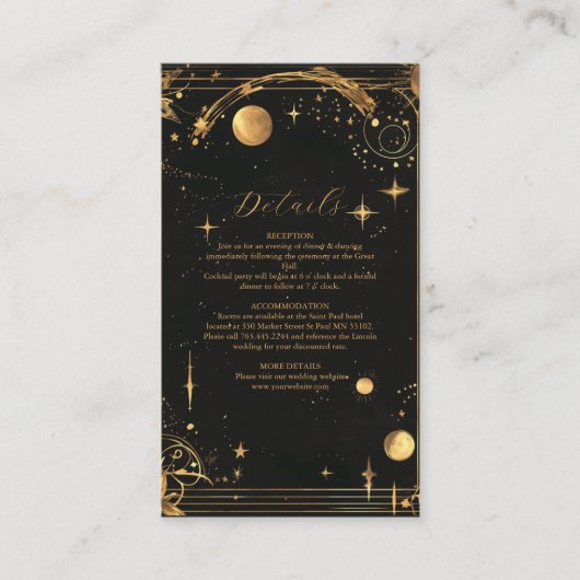 Celestial Midnight Black Stars Maan Bruiloft Informatiekaartje (Voorkant)