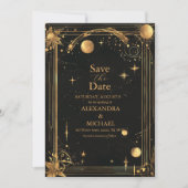 Celestial Midnight Black Stars Maan Bruiloft Save The Date (Voorkant)
