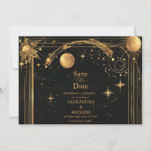 Celestial Midnight Black Stars Maan Bruiloft Save The Date (Voorkant)