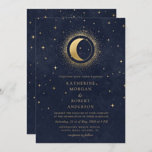 Celestial Midnight Blue Engels Spaans Bruiloft Kaart (Voorkant / Achterkant)