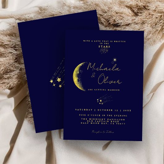 Celestial Midnight Blue Gouden Halve Maan Bruiloft Kaart