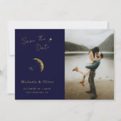 Celestial Midnight Blue Gouden Maan Foto Bruiloft Save The Date (Voorkant)