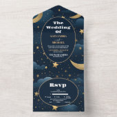 Celestial Midnight Blue Sterren Maan Bruiloft All In One Uitnodiging (Binnen)