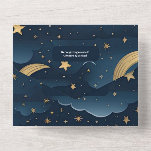 Celestial Midnight Blue Sterren Maan Bruiloft All In One Uitnodiging (Achterkant)