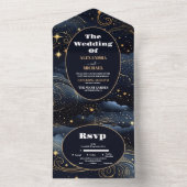 Celestial Midnight Blue Sterren Maan Bruiloft All In One Uitnodiging (Binnen)