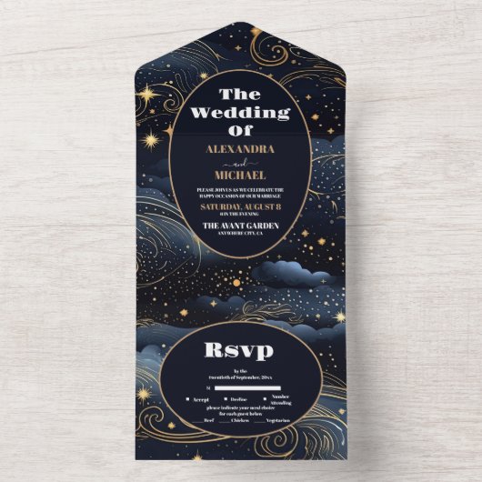 Celestial Midnight Blue Sterren Maan Bruiloft All In One Uitnodiging (Binnen)