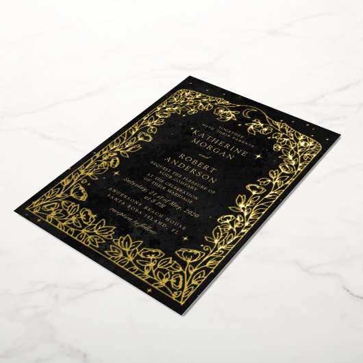 Celestial Midnight Blue Sterren Maan Bruiloft Folie Uitnodiging (Gedraaid)