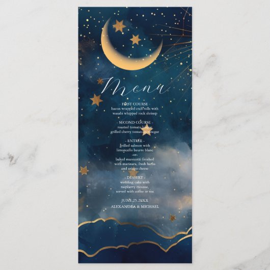 Celestial Midnight Blue Sterren Maan Bruiloft Menu (Voorkant)