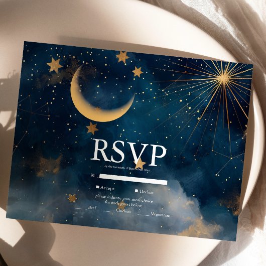 Celestial Midnight Blue Sterren Maan Bruiloft RSVP Kaartje