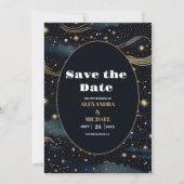 Celestial Midnight Blue Sterren Maan Bruiloft Save The Date (Voorkant)