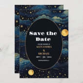 Celestial Midnight Blue Sterren Maan Bruiloft Save The Date (Voorkant / Achterkant)