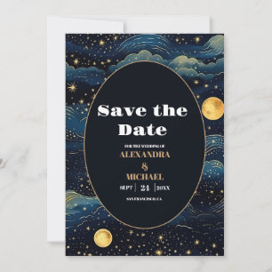 Celestial Midnight Blue Sterren Maan Bruiloft Save The Date