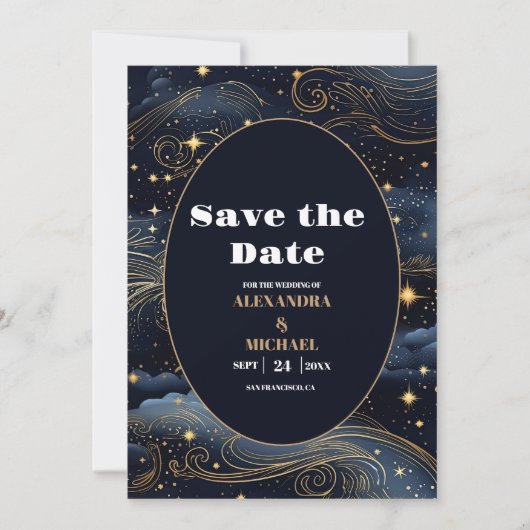 Celestial Midnight Blue Sterren Maan Bruiloft Save The Date (Voorkant)