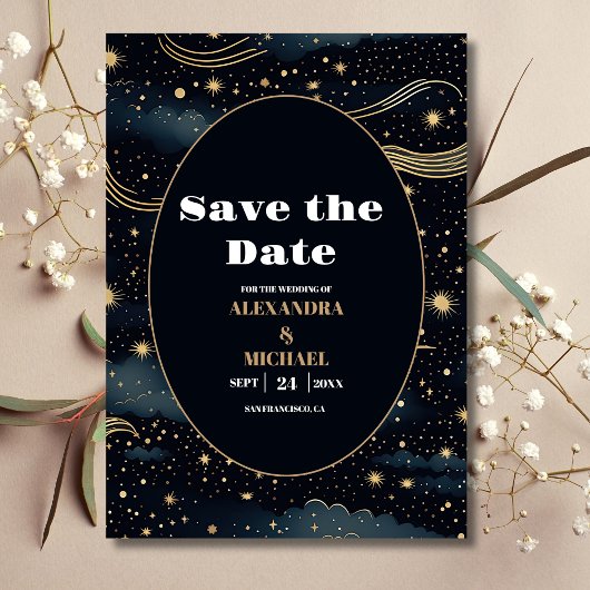 Celestial Midnight Blue Sterren Maan Bruiloft Save The Date