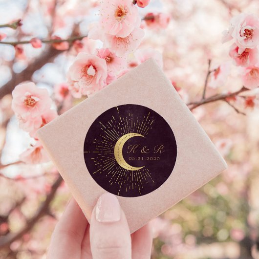 Celestial Midnight Gold Moon Bruiloft Ronde Sticker