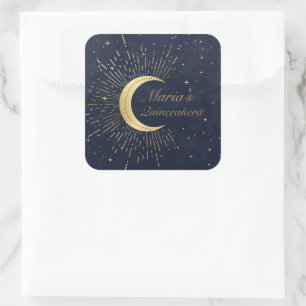 Celestial Midnight Gold Moon Quinceañera Vierkante Sticker