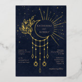 Celestial Midnight Gold Stars Maan Bruiloft Folie Uitnodiging (Voorkant)