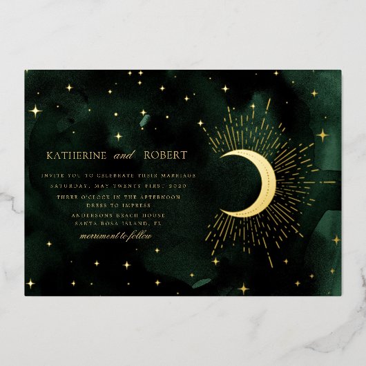 Celestial Midnight Groen Goud Sterren Bruiloft Folie Uitnodiging (Voorkant)